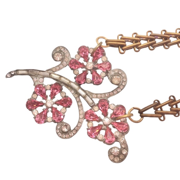 Vintage Pink Rhinestone Flower Necklace, Art Deco Floral Statement Jewelry - Picture 6 of 16